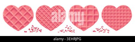 Waffle pancake heart, pink cream stick of graham pattern. Crepe wafer international day, stroopwafel brunch, emoji cookie cone. Texture chocolate Stock Vector