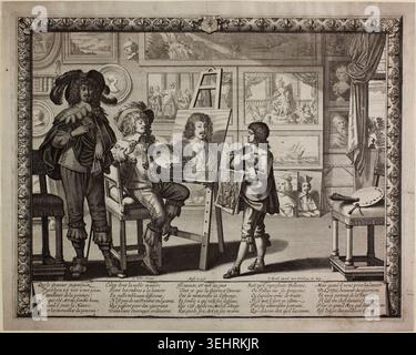 The Noble Painter by Abraham Bosse, 1642, depicting an artist's studio where a well-dressed painter creates a portrait while patrons and apprentices observe the work Stock Photo