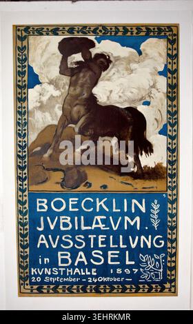 Boecklin Jubilee Exhibition Basel by Hans Lendorff, 1897, depicting a muscular male figure lifting a large stone above his head, accompanied by a dark dog, against swirling white clouds and blue sky Stock Photo