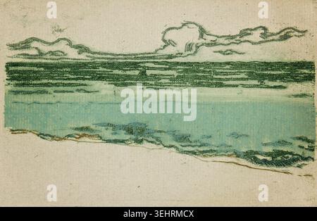 The Sea at Bognor by Theodore Roussel, 1895, depicting a calm coastal landscape with soft clouds above a horizon line, sandy beach in foreground Stock Photo