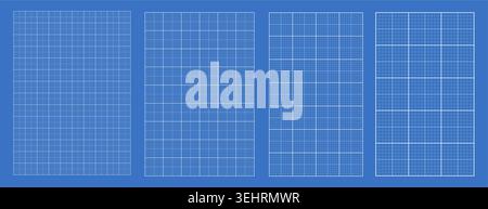 Blueprint grid set technical micro geometry, four scale variations. Wide medium dense micro spacing comparison, engineering layouts dashboards notebook pages interface planning technology graphics. Stock Vector