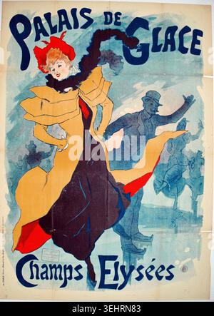 Palais de Glace by Jules Chéret, 1891, depicting an elegantly dressed woman in a flowing yellow coat and red hat, dancing among silhouetted figures at an ice palace venue Stock Photo