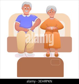 Cute elderly couple playing video games together. Happy seniors spending time together actively Stock Vector