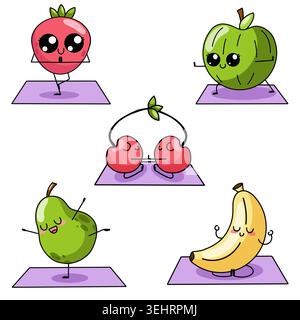 Set of fruits doing yoga. Kawaii style Stock Vector