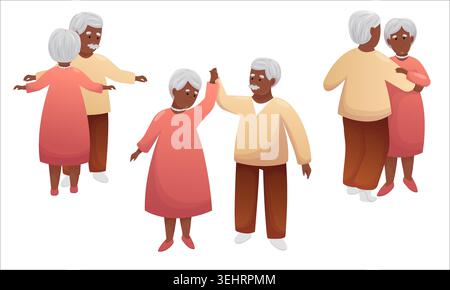 Cute elderly couple dancing together. Happy seniors spending time together actively Stock Vector
