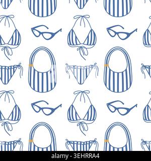 Elegant seamless pattern with striped beach accessories, bikini shapes and modern Mediterranean outline art. Vector illustration Textile print, digital paper, stationery, social media or package, tag Stock Vector