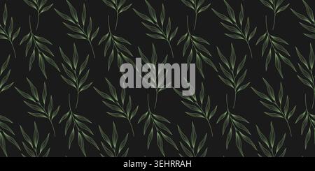 Olive twigs seamless pattern with deep green leaves Minimalist Flat botanical Mediterranean Handdrawn. Vector fabric wallpaper scrapbook paper stationery packaging design banner and social media post. Stock Vector
