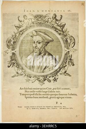 Portrait of Joan B. Montanus by Johannes Sambucus, published 1574, depicting a bearded man in Renaissance dress wearing a flat cap, framed by an ornate oval cartouche with putti and scrolling foliage Stock Photo