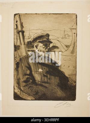 King Oscar II (Second plate) by Anders Zorn, 1898, depicting a bearded man in formal dress seated in a boat, harbor setting with sailboats visible behind Stock Photo