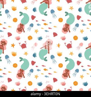 Vector illustration of a mermaid pattern. Pattern, mermaid, siren, wallpaper, seamless, textile, stationery. Stock Vector