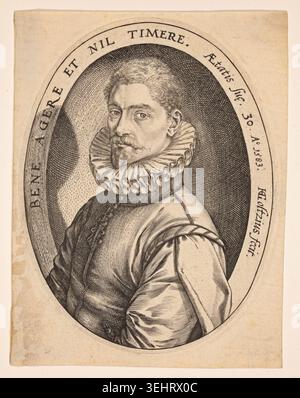 Hieronymous Scholiers by Hendrick Goltzius, 1583, a portrait of a bearded man wearing an elaborate ruffled collar and embroidered doublet, turned slightly to show his profile Stock Photo