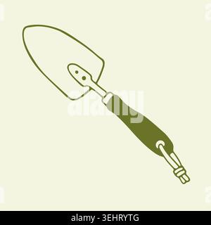 Hand drawn garden trowel for digging and planting. Small shovel with a wooden handle and hanging loop. Minimalist line art vector illustration in Stock Vector