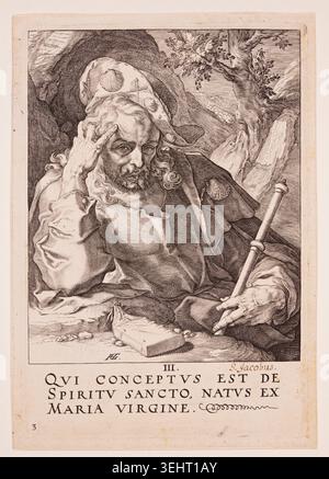 St James the Great by Hendrick Goltzius, 1589, apostle in contemplative pose holding staff, surrounded by shells and travel emblems in rocky landscape Stock Photo