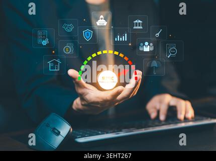 Risk management and financial crisis assessment concept. Businessman presenting risk gauge indicator with security, scam, insurance, and banking icons Stock Photo