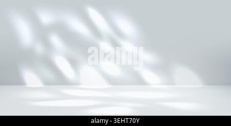 White gray room with studio backdrop and abstract floor gradient. Light bg with sun ray spots and shadows on stage, minimal podium. Textured photo Stock Vector