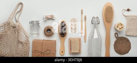 Set of zero waste and plastic free cosmetic tools on white Stock Photo