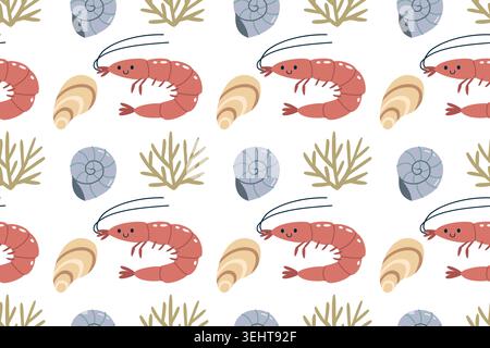 Cute Shrimp and Sea Shells Vector Seamless Pattern Stock Vector