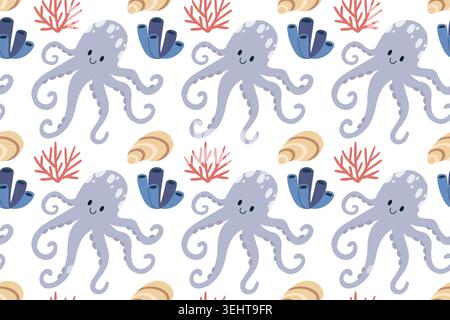 Cute Octopus and Coral Reef Vector Seamless Pattern Stock Vector
