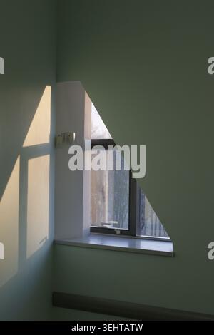 Green walls reflect calm, quiet moments. Window frame casts geometric shadows on the wall. Stillness feels inviting in this simple room Stock Photo