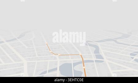 Light isometric city plan with orange path and waypoints. Minimalist urban navigation layout design. Vector illustration. Stock Vector