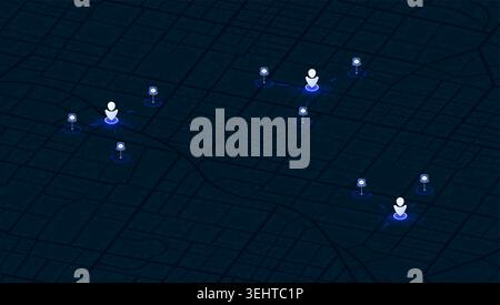 Mail services, GPS tracking system to navigate around to package position. Isometric city scape navigation in city. Location with GPS map. Vector Stock Vector
