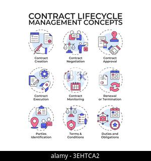 Contract lifecycle management multi color concept icons Stock Vector