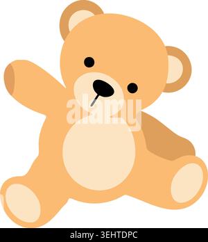 Simple illustration of a tan teddy bear waving with rounded ears cream belly and seated pose. Stock Vector