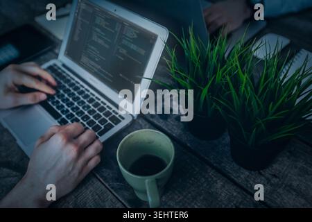 Coding session at a desk with coffee and plants in the workspace Stock Photo