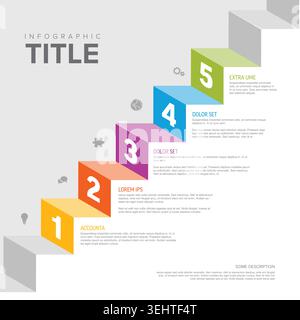 A 3D staircase infographic featuring five colorful steps for business progress. Use this staircase infographic to display your company process in five Stock Vector