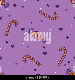 Fun Halloween seamless pattern featuring striped candies, candy canes, hearts, and stars on a purple background. Perfect for fabric, wrapping paper, w Stock Vector