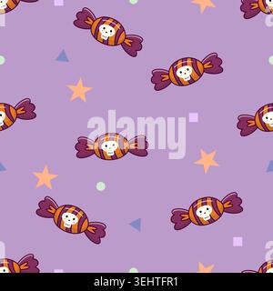 Playful Halloween seamless pattern featuring cute skull candies, stars, and geometric shapes on a pastel purple background. Perfect for fabric, wrappi Stock Vector