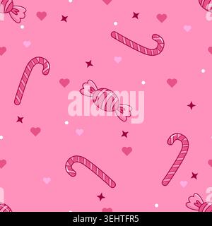 Sweet Valentine seamless pattern featuring cute candies, candy canes, hearts, and stars on a pink background. Perfect for fabric, wrapping paper, wall Stock Vector