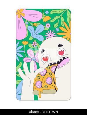 Funky pizza character in floral jungle modern splash screen illustration Stock Vector