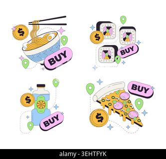 Funky fast food buy modern onboarding illustration pack Stock Vector