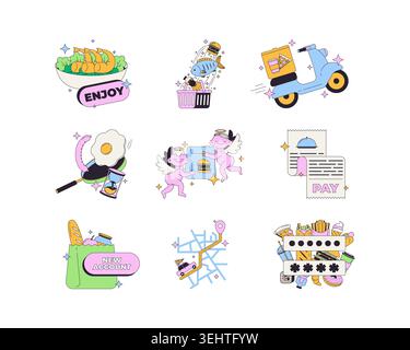 Funky fast food order delivery modern onboarding illustration pack Stock Vector