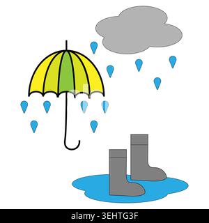 Rainy day illustration. Umbrella boots Vector. Weather protection concept. Colorful nature scene. Stock Vector