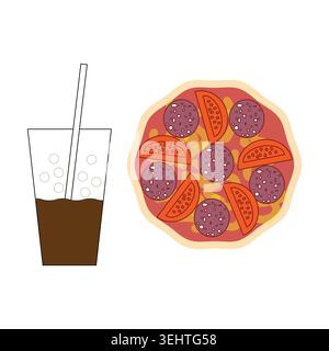 Traditional pepperoni pizza. Carbonated beverages Vector. Professional food collection. Tasty delicious snack set. Stock Vector