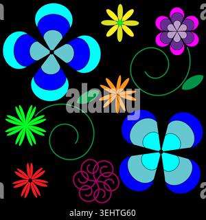 Multicolor flower symbols. Obsidian background Vector. Botanical vegetations collections. Brilliant petals silhouettes. Stock Vector