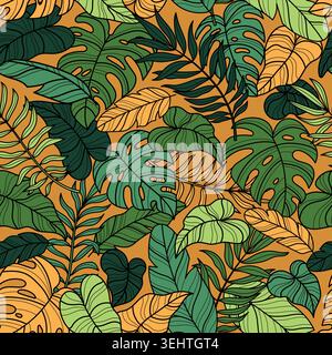 Seamless pattern with palm leaves on orange background Stock Vector