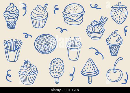 ice cream cupcakes and sweet treats in blue outline style Stock Vector