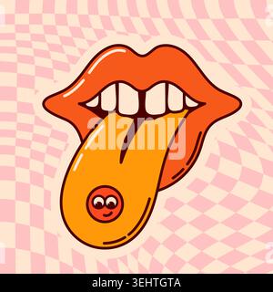 Groovy psychedelic pink checkerboard with lips and tongue with a pill. Stock Vector