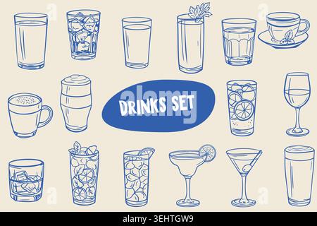 Drink icon set with cocktails coffee and beverage glasses in blue outline style Stock Vector