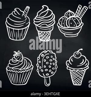 Chalk sketch collection of cupcakes and ice cream desserts on blackboard Stock Vector