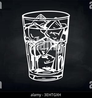Chalk drawn whiskey glass with ice cubes on blackboard background Stock Vector