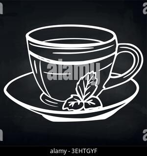 Chalk drawn tea cup with mint leaves on blackboard background Stock Vector