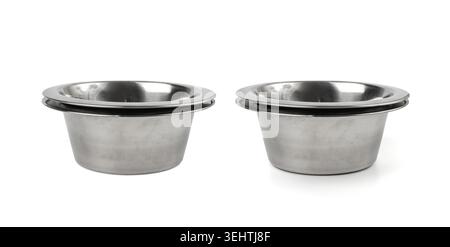 Metal pets bowl isolated, food and water dog container, cat new empty dishes on white background Stock Photo