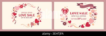 Valentines day sale banners with hearts and flowers, romantic love sale promotion templates with decorative floral frames Stock Vector