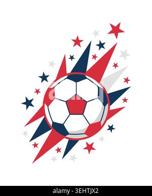 Soccer ball with dynamic red and blue star burst background, patriotic sports graphic design element for tournaments and championship events Stock Vector