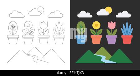 Set of potted plants, clouds, sun, and mountains with a river, flat vector illustration style, coloring book page and colored version Stock Vector