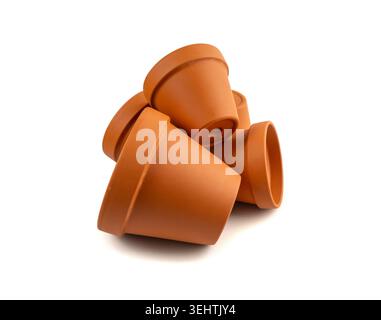 Empty terracotta flower pots, clay garden vase, brown ceramic plant container, terra cotta flowerpot, garden pottery earthenware on white background Stock Photo
